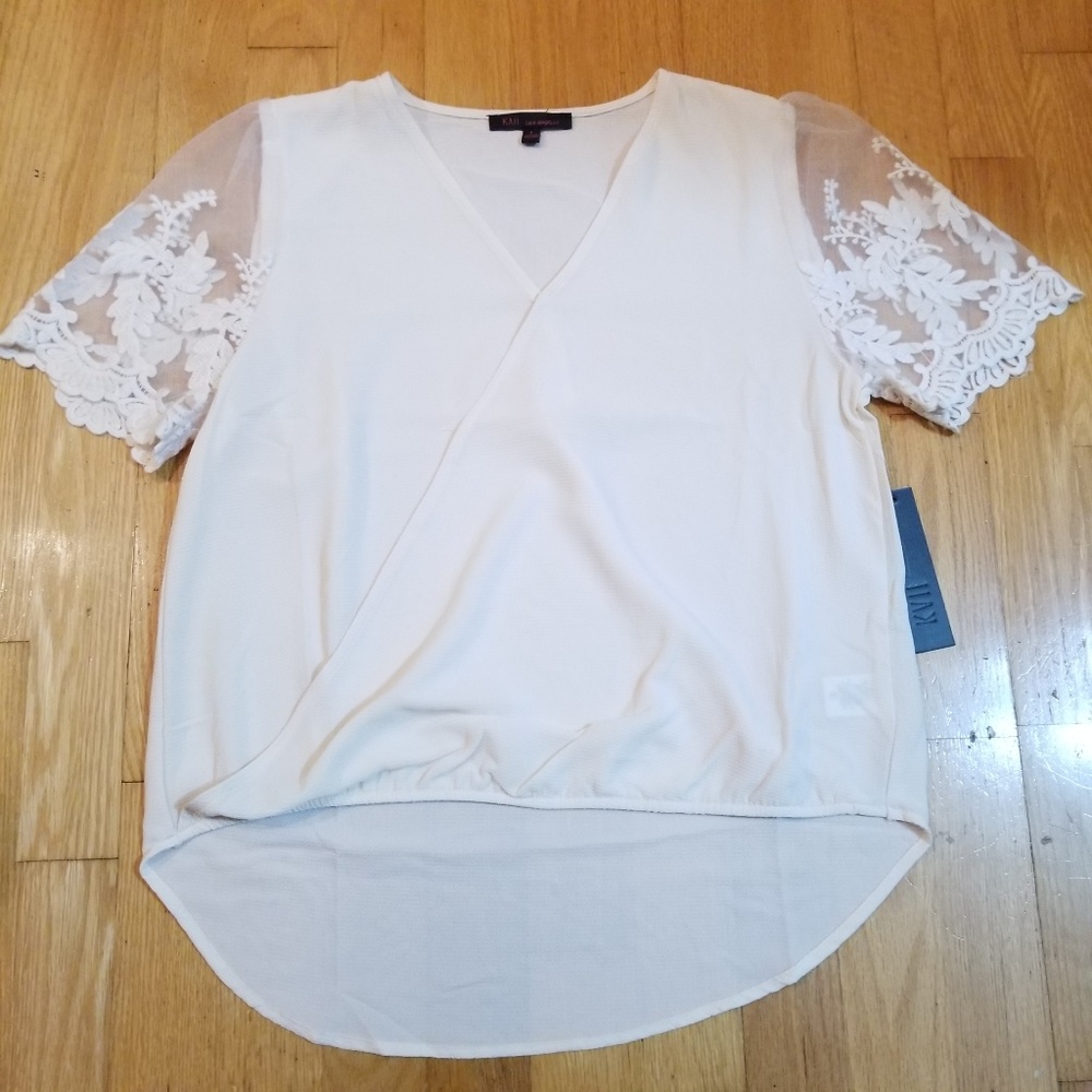Kaii Scallop Lace Sleeve High Low Cross Front Top